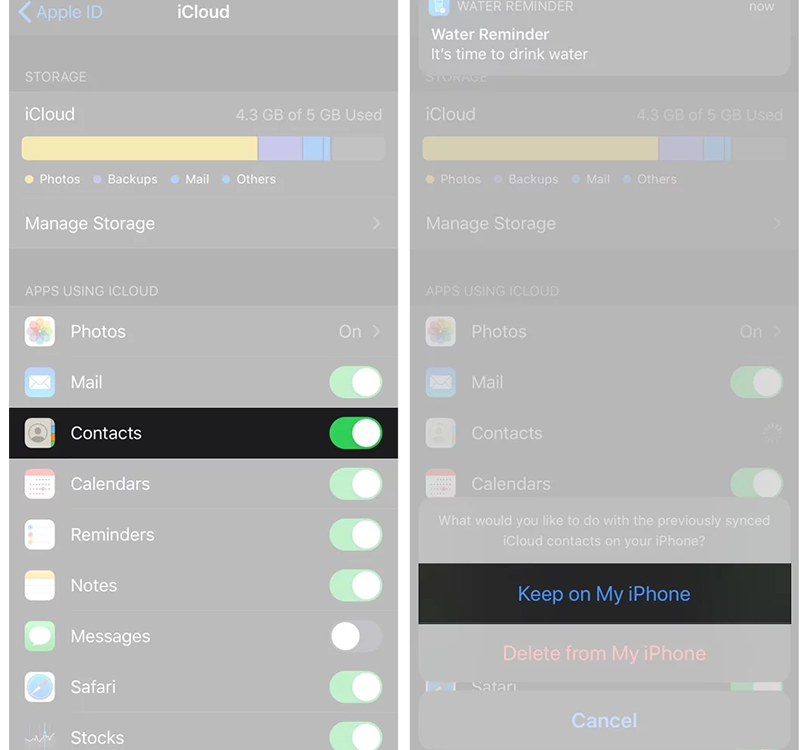 Giải pháp 3: TẮT / BẬT iCloud cho danh bạ 2