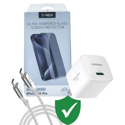 Combo VIP iPhone 15 Pro cũ (Cốc 20W+Cáp C to C Innostyle+Dán T-Rex+VIP 1 đổi 1 12 Tháng)