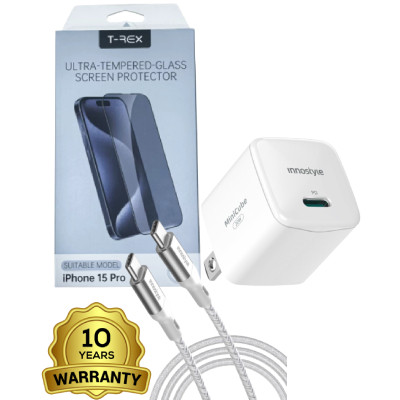 Combo VIP iPhone 15 Pro cũ (Cốc 20W+Cáp C to C Innostyle+Dán T-Rex+VIP 1 đổi 1 12 Tháng Pin 10 Năm)