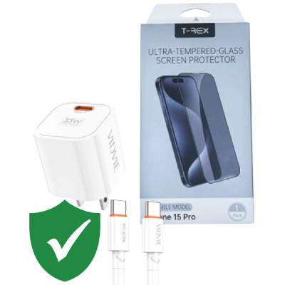 Combo VIP iPhone 15 Pro cũ (Cốc 33W+Cáp C to C VIDVIE+Dán T-Rex+VIP 1 đổi 1 12 Tháng)