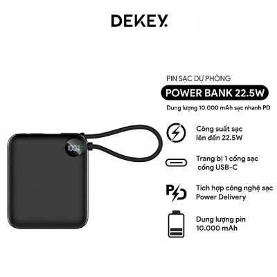 Sạc Dự Phòng DEKEY Power Pioneer 10.000mAh USB-C PD Power Bank 22.5W kèm cáp Type-C
