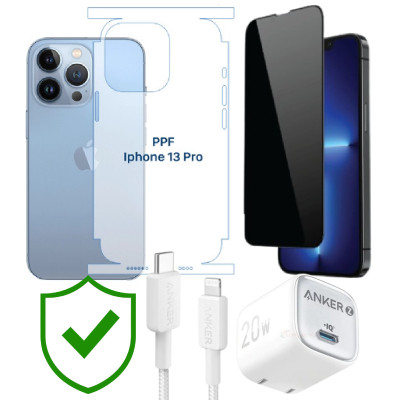 Combo VIP iPhone 13/ 13 Pro cũ (Cốc 20W+Cáp C to L ANKER+Dán DEKEY+PPF+24hCare 12 Tháng)