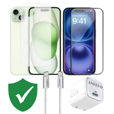 Combo VIP iPhone 15 Plus cũ (Cốc 20W+Cáp C to C ANKER+Dán KINGBULL+PPF+VIP 1 đổi 1 12 Tháng)