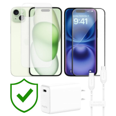 Combo VIP iPhone 15 Plus cũ (Cốc 30W+Cáp C to C MOPHIE+Dán KINGBULL+PPF+24hCare 12 Tháng) SKU: COMBO00346