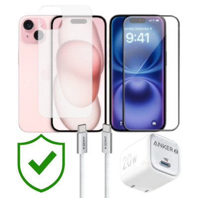 Combo VIP iPhone 15 cũ (Cốc 20W+Cáp C to C ANKER+Dán KINGBULL+PPF+24hCare 12 Tháng) SKU: COMBO00364
