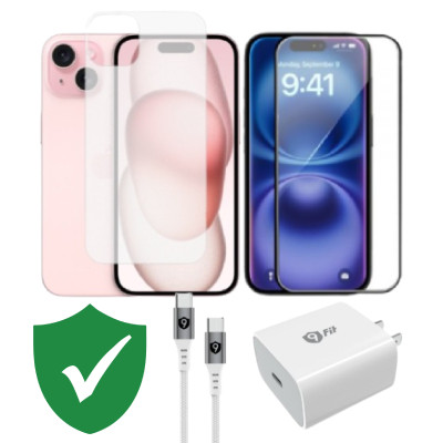 Combo VIP iPhone 15 cũ (Cốc 20W+Cáp C to C 9FIT+Dán KINGBULL+PPF+VIP 1 đổi 1 12 Tháng) SKU: COMBO00407