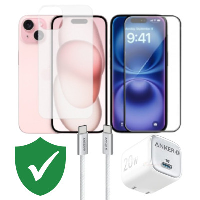Combo VIP iPhone 15 cũ (Cốc 20W+Cáp C to C ANKER+Dán KINGBULL+PPF+VIP 1 đổi 1 12 Tháng)