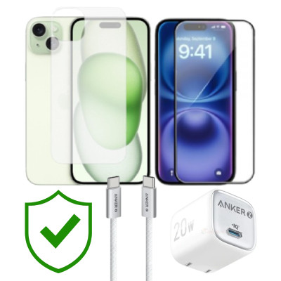 Combo VIP iPhone 15 Plus cũ (Cốc 20W+Cáp C to C ANKER+Dán KINGBULL+PPF+24hCare 12 Tháng) SKU: COMBO00365