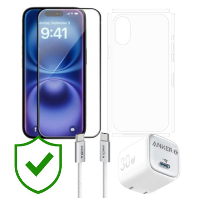 Combo VIP iPhone 16 cũ (Cốc 30W+Cáp C to C ANKER+Dán KINGBULL+PPF+24hCare 12 Tháng) SKU: COMBO00369