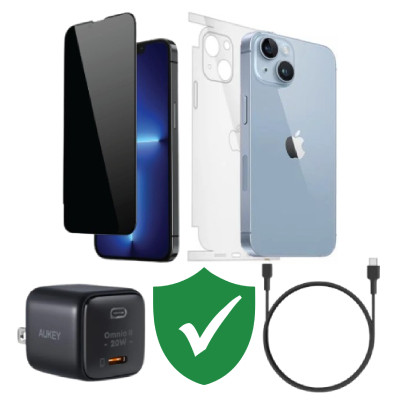Combo VIP iPhone 14 cũ (Cốc 20W+Cáp C to L Aukey+Dán DEKEY+PPF+VIP 1 đổi 1 12 Tháng) SKU: COMBO00507