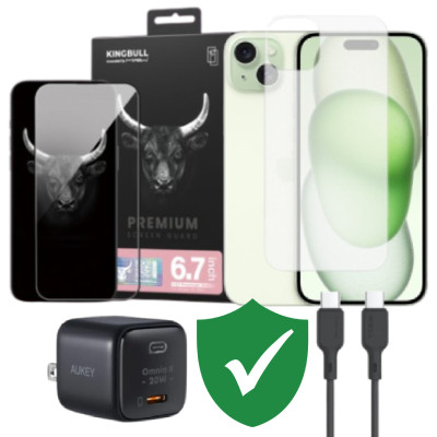 Combo VIP iPhone 15 Plus cũ (Cốc 20W+Cáp C to C Aukey+Dán KINGBULL+PPF+VIP 1 đổi 1 12 Tháng) SKU: COMBO00512
