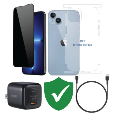Combo VIP iPhone 14 Plus cũ (Cốc 20W+Cáp C to L Aukey+Dán DEKEY+PPF+VIP 1 đổi 1 12 Tháng)