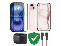 Combo VIP iPhone 15 cũ (Cốc 20W+Cáp C to C Aukey+Dán KINGBULL+PPF+VIP 1 đổi 1 12 Tháng)