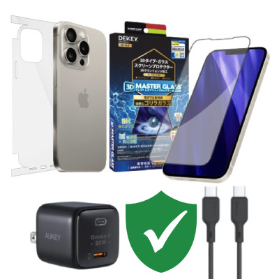 Combo VIP iPhone 15 Pro Max cũ (Cốc 20W+Cáp C to C Aukey+Dán DEKEY+PPF+VIP 1 đổi 1 12 Tháng)