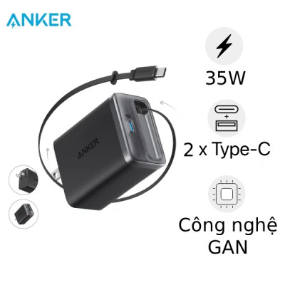 Sạc Anker Nano 1C 35W tích hợp cáp USB-C rút gọn A2658