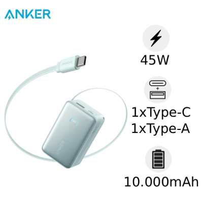 Sạc dự phòng Anker Nano 10000mAh 45w 1C1A tích hợp cáp USB-C A1638