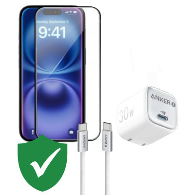 Combo VIP iPhone 16 cũ (Cốc 30W+Cáp C to C Anker+Dán Dekey+VIP 1 đổi 1 12 Tháng)