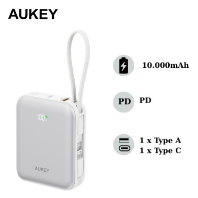 Pin dự phòng Aukey PB-Y91L 10000mAh 20W tích hợp cáp USB-C và Lightning
