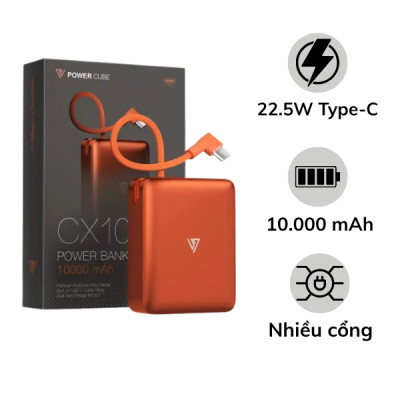 Pin dự phòng MIPOW Ultra Mini Aluminum 10000mAh tích hợp cáp USB-C