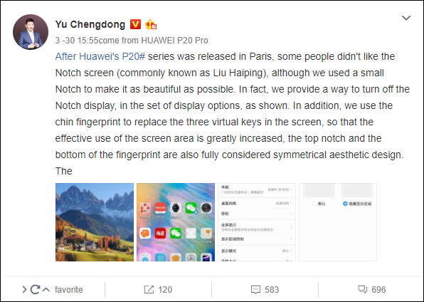 Huawei P20 đi kèm với bộ tùy chọn để ẩn Notch trên màn hình