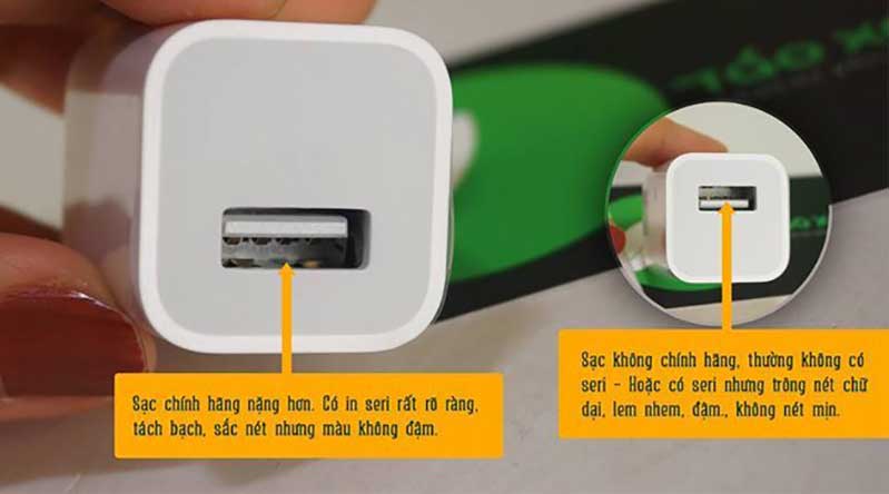 Cục sạc iPhone chính hãng (trái) và sạc iPhone giả (phải) huong dan phan biet that gia sac cap iphone chinh hang hinh anh 3