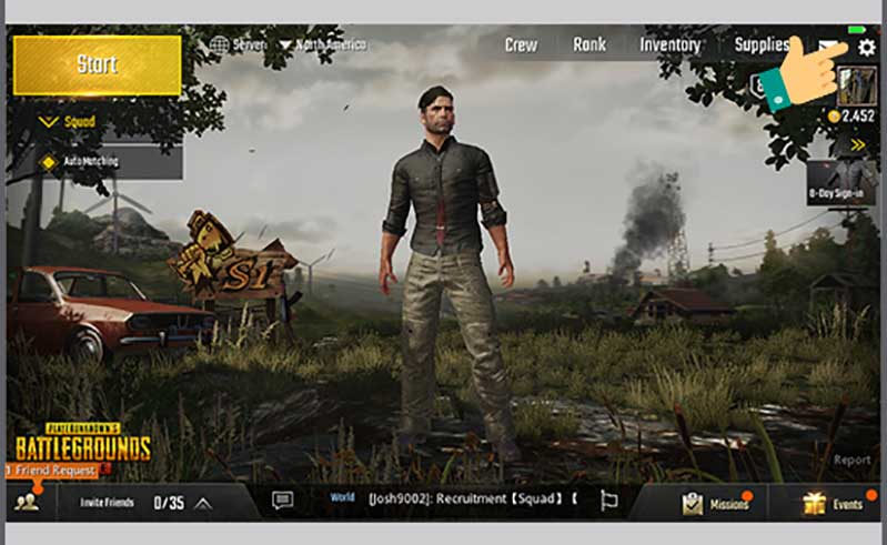 Bước 1: Tại giao diện game nhấp vào iCon cài đặt game. tang do muot game pubg mobile tren android hinh 5