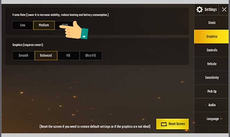 Bước 2: Chọn đồ họa Graphics và hạ xuống Frame Rate, Graphics xuống. tang do muot game pubg mobile tren android hinh 6