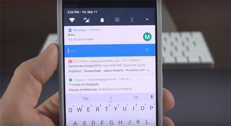 Android 7 Nougat - Trả lời tin nhắn ngay trên thanh thông báo.