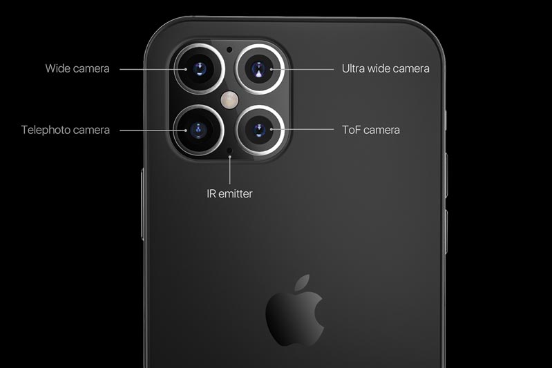 Một bản mô phỏng với cụm bốn camera được đồn đại trên iPhone 12