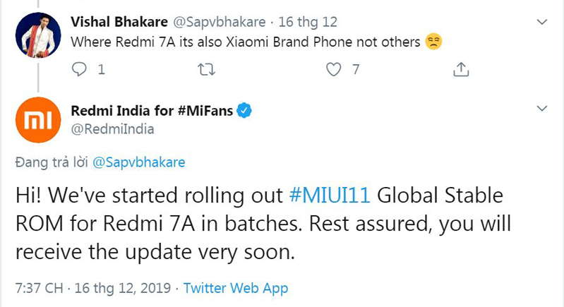 Redmi Ấn Độ thông báo redmi 7A sẽ sớm được cập nhật miui 11