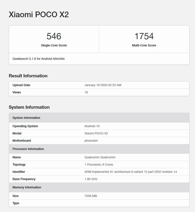 Xiaomi Poco X2 lộ diện trên Geekbench, tích hợp Android 10, RAW 8GB