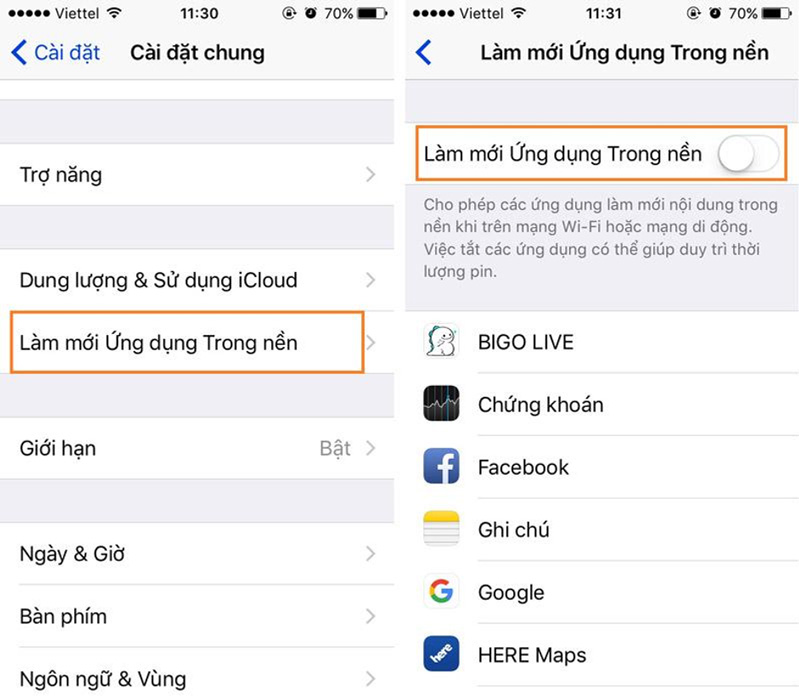 làm mới ứng dung trong nền