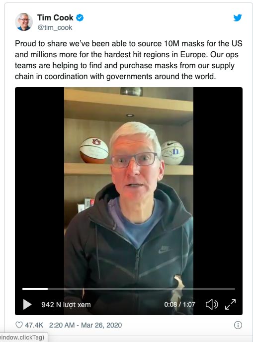 tim cook khuyên người dùng nên ở nhà tránh dịch