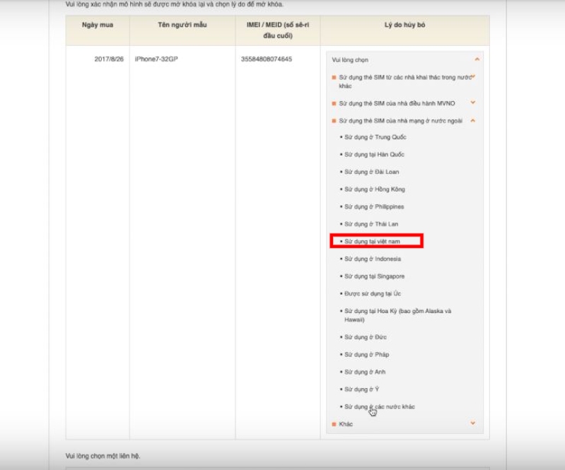 Chọn sử dụng ở Việt Nam để unlock máy
