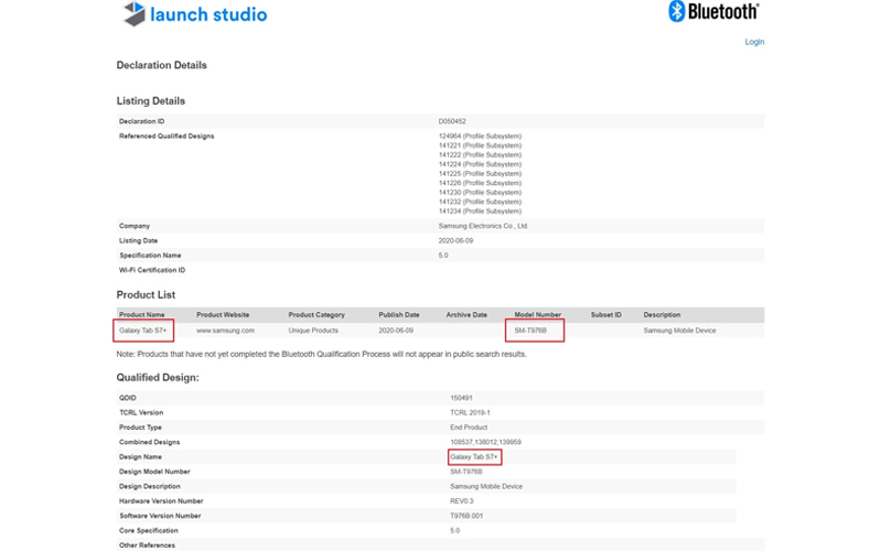 galaxy tab s7+ đạt chứng nhận bluetooth