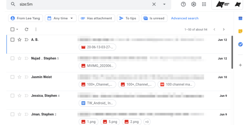 cách tìm những email có kích thước lớn
