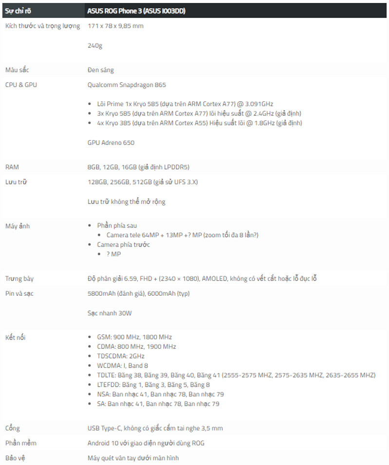 Thông số kỹ thuật Asus ROG Phone 3