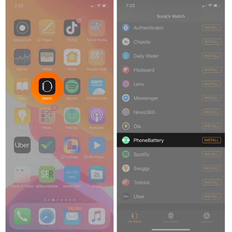 Bước 1 cài đặt phần trăm pin iPhone trên Apple Watch
