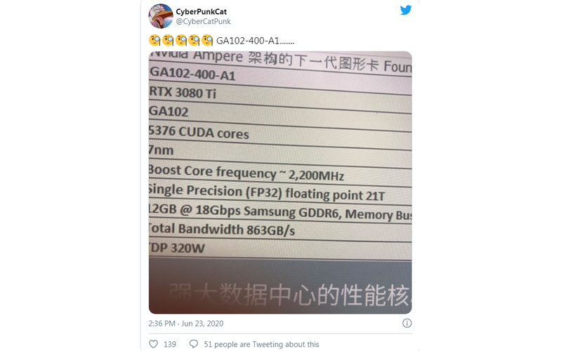 một hình ảnh đăng trên twitter được cho là thông số kỹ thuật của rtx 3080 ti