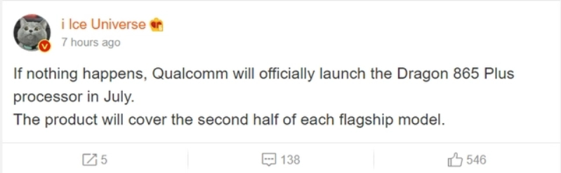 i Ice Universe - một leakster nổi tiếng đã đăng bài nói Snapdragon sẽ ra mắt vào tháng 7