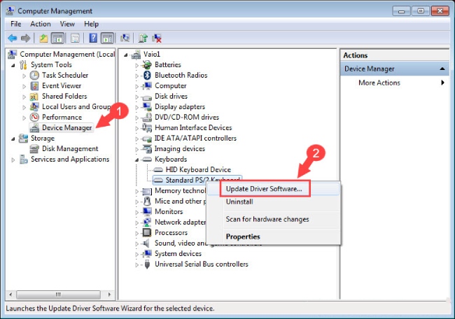 cách tắt bàn phím laptop win 10 chọn Update Driver Software trong phần device manager