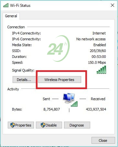 cách xem mật khẩu wifi chọn mục Wireless Properties