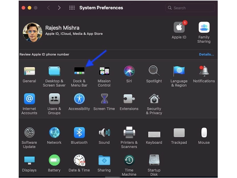 Bấm chọn Dock & Menu Bar.