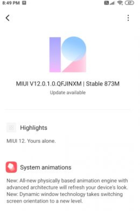 Dung lượng của bản cập nhật MIUI 12 Stable