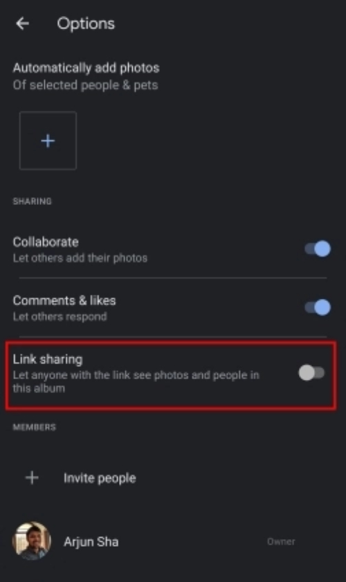 google photos Tắt công tắc Link Sharing trên ứng dụng