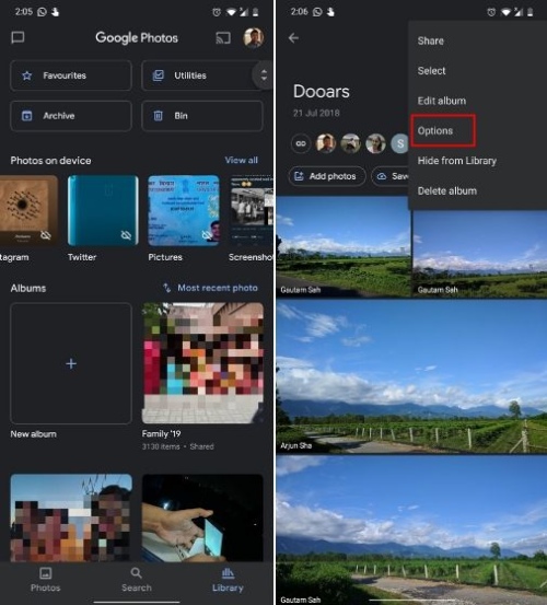 google photos Mục tùy chọn trên ứng dụng