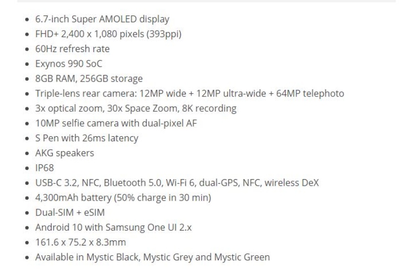 Thông số kỹ thuật của Note 20 bản tiêu chuẩn