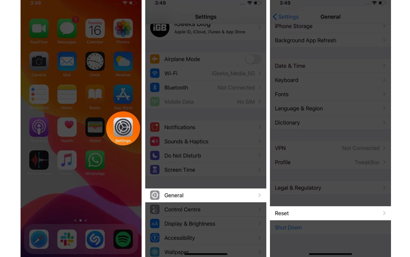 đặt lại iphone về chế độ mặc định