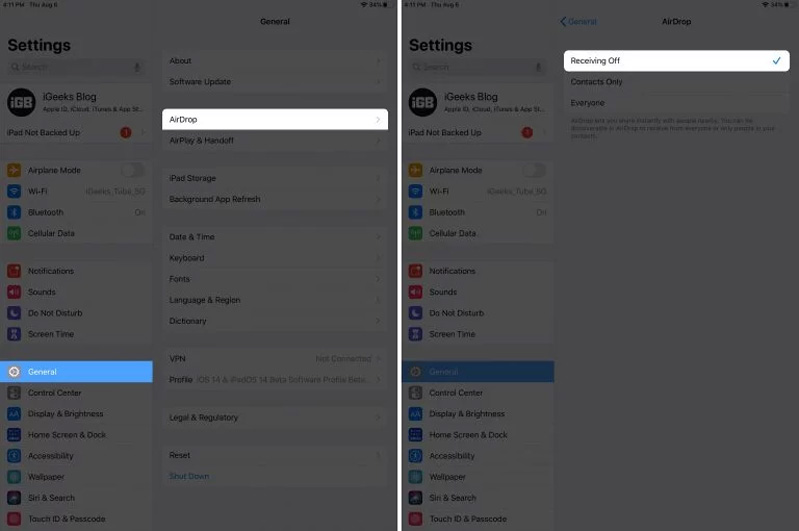 AirDrop và chọn Tắt nhận.