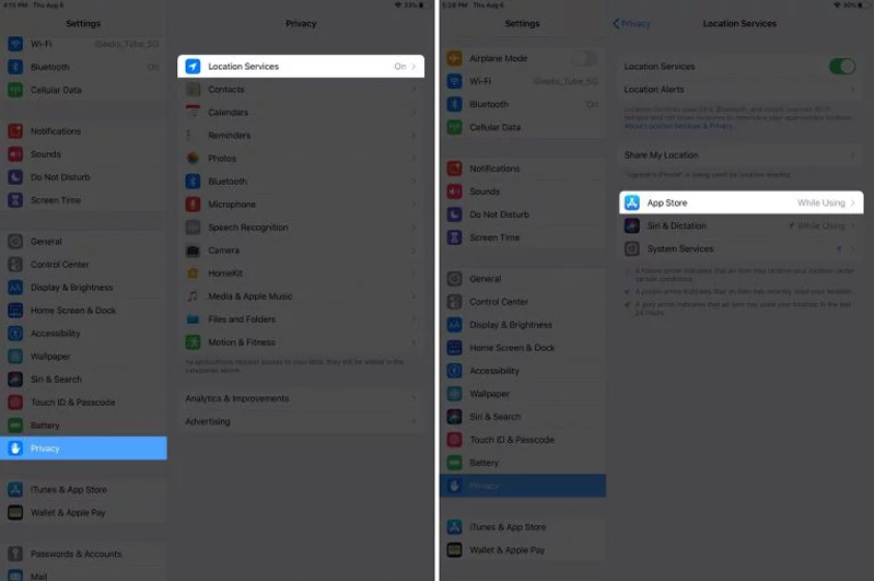  tắt vị trí cho ứng dụng trên iPad.